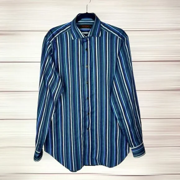 ETRO Milano Casual Button Up Shirt Cotton Blue Gray Striped Italy size 41 US 16 - Picture 2 of 12